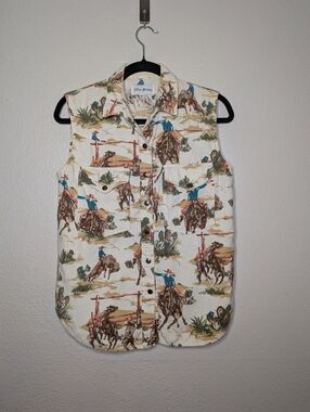 Paris Blues Vintage Y2K Cream Western Cowboy Horses Sleeveless Button Down Top M